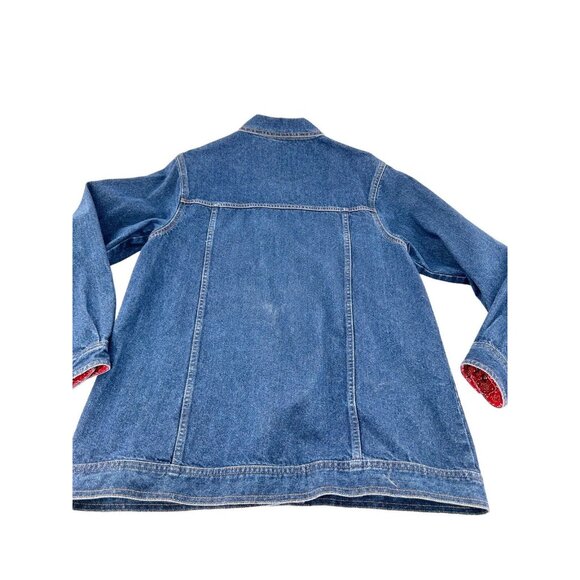 Denim Jean Jacket M Red Paisley Cuffs Button Front 100% Cotton Western Retro - Picture 11 of 14